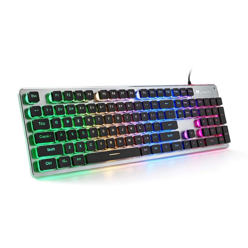 LANGTU Membrane Gaming Keyboard, Colorful LED Backlit Quiet Keyboard for Study, All-Metal Panel USB Wired 25 Keys Anti-ghosting Computer Keyboard 104 Keys - L1 Black/Silverâ€¦ - Image 1